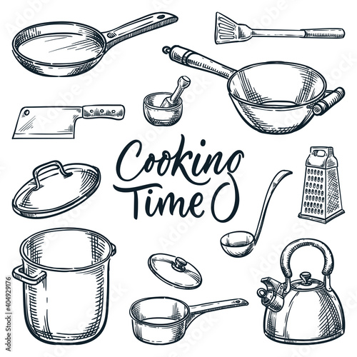 Kitchen utensil design elements set. Vector sketch illustration. Cooking and kitchenware tools collection