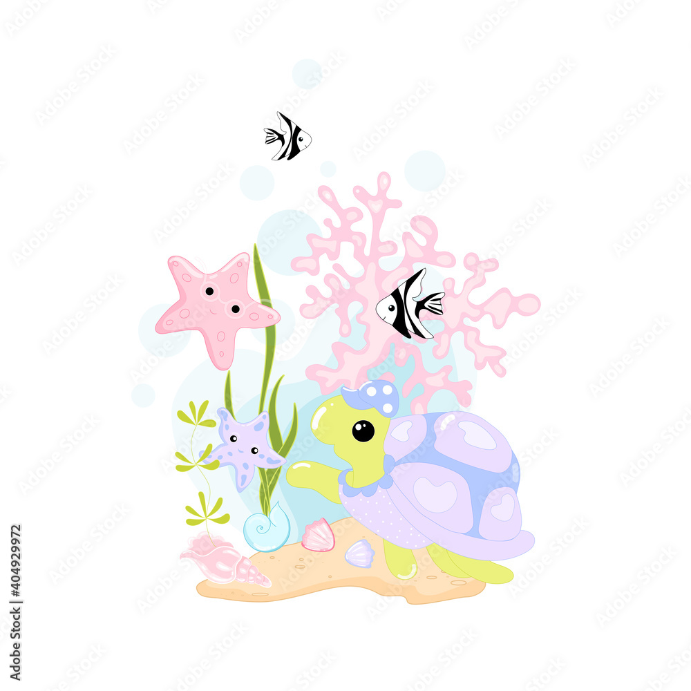Cute Turtle Vector Clip Art Illustration. Cute cartoon character. Sea life colorful background	