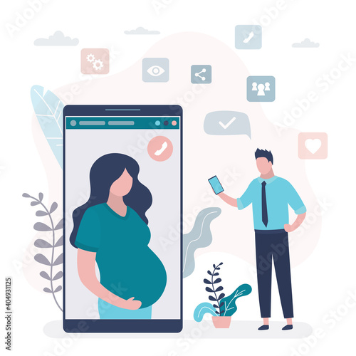 Online video conference. Businessman use smartphone and talking with pregnant wife. Big mobile phone with video chat application.