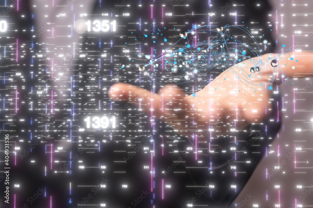 Abstract network of physical devices on the Internet using a network connection with statistics numbers 3d illustration