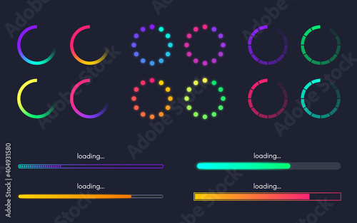 Loading bar set on dark backdrop. Waiting symbol visualization. Gradient progress lines and circles. Color loading status collection. Web design elements for app. Vector illustration