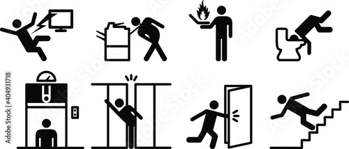 People icons: a variety of common accidents involving office equipment and fixtures. Electrocution, items caught in equipment, fire, stuck elevator, compactus crush, etc.