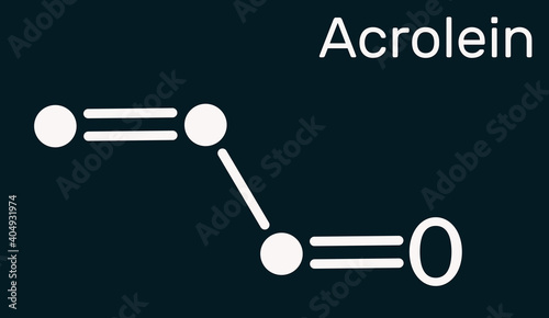 Acrolein  propenal  unsaturated aldehyde molecule. It is used as a pesticide and to make other chemicals. Skeletal chemical formula on the dark blue background