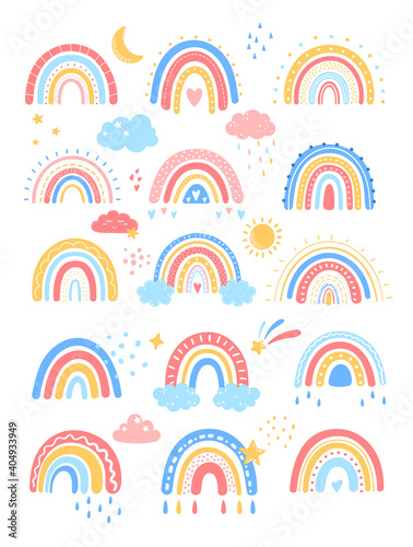 Vector colorful rainbow in cartoon scandinavian style. Hand drawn rainbow icons for kids posters, wrapping, textile, wallpaper, prints, fabric. Rainbow set with clouds, stars, sunshine, drops, heart.