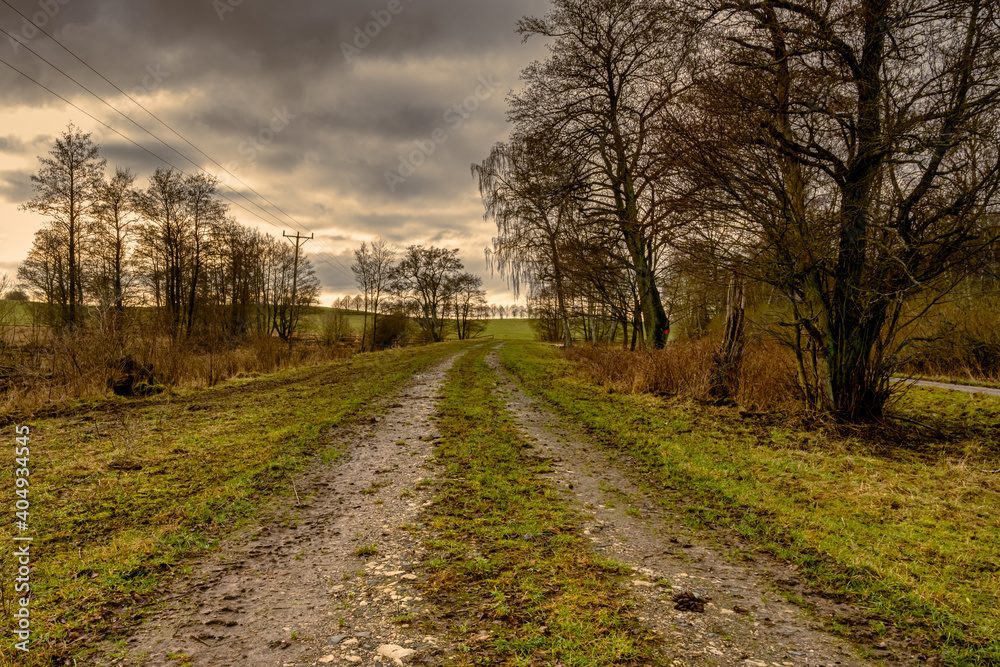 A road and trees on a meadow with an amazing sky in the background. Picture from Lund, southern Sweden A road and trees on a meadow with an amazing sky in the background. Picture from Lund, southern Sweden