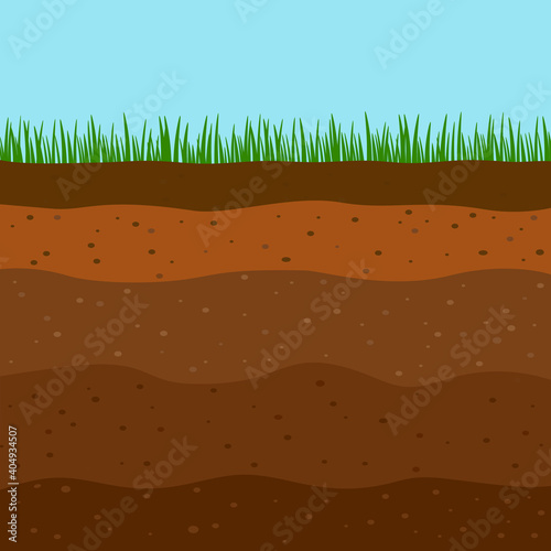 flat soil diagram template composed of different layers and a top layer of green grass.