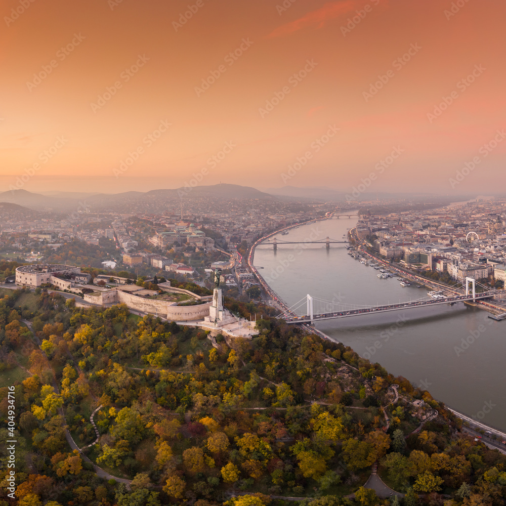 Aerial view of Budapest with sunrise