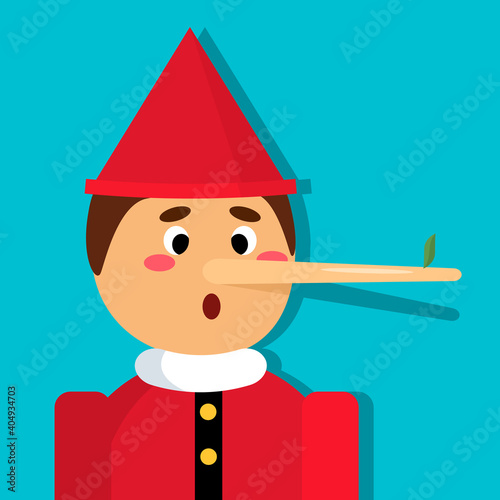 a wooden boy with a very long nose because of a lie with a leaf at the end.