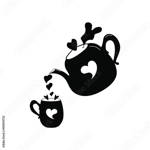 Teapot pouring hot love drink into a cup. Valentine's day. Simpie vector illustration.
