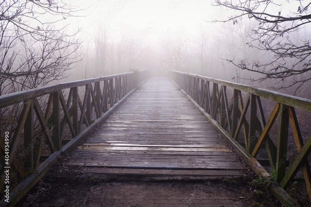 Foggy old rotten wooden bridge in winter morning in Budapest suburb, Hungary