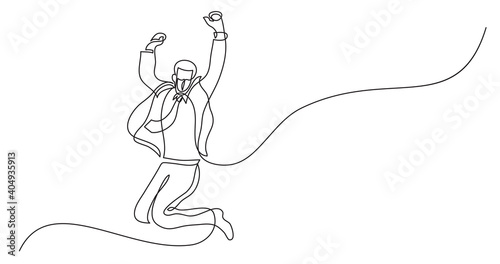 continuous line drawing of businessman wearing face mask jumping joy