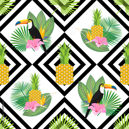 Exotic, tropical seamless pattern with toucans and palm leaves. Vector.