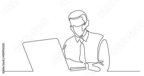 businessman wearing face mask with laptop - continuous line drawing