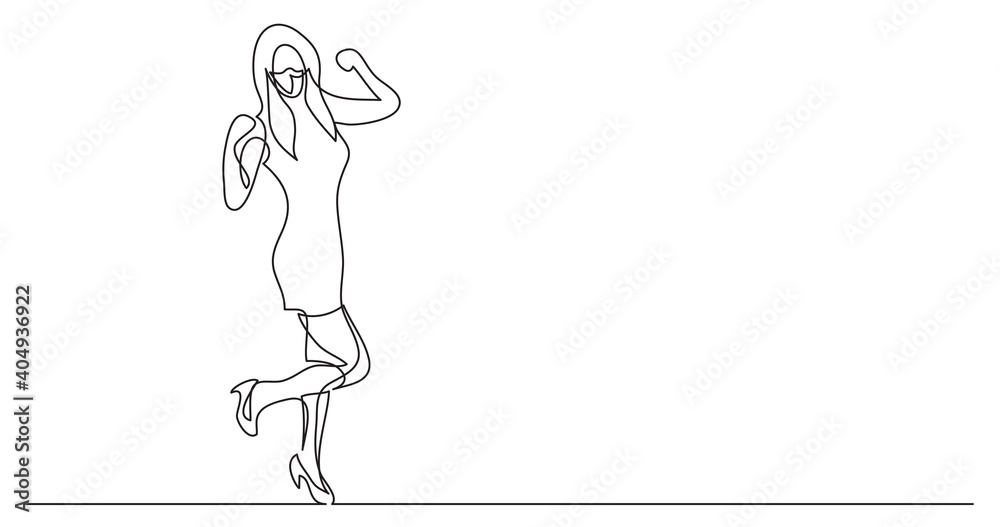 continuous line drawing of cheering woman in short dress wearing face mask continuous line drawing of cheering woman in short dress wearing face mask