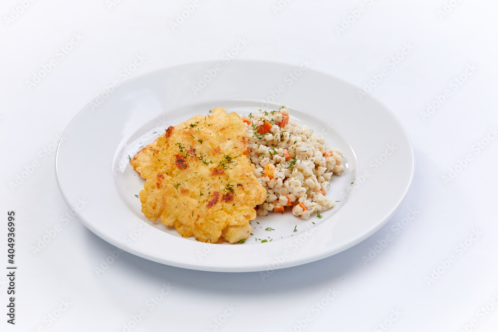fried chicken breast with barley on the white background