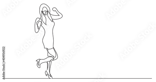continuous line drawing of cheering woman in short dress wearing face mask