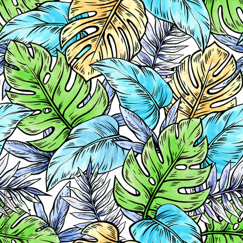 Seamless floral pattern of tropical leaves. Botanical wallpaper illustration in Hawaiian style