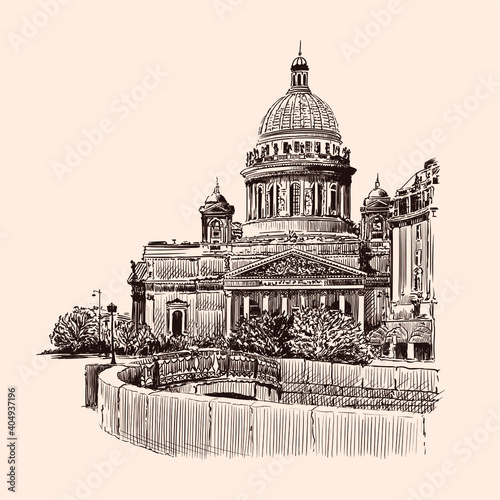 Street of St. Petersburg with a view of the temple, buildings in the classical style and the bridge across the river. Handmade sketch on a beige background.