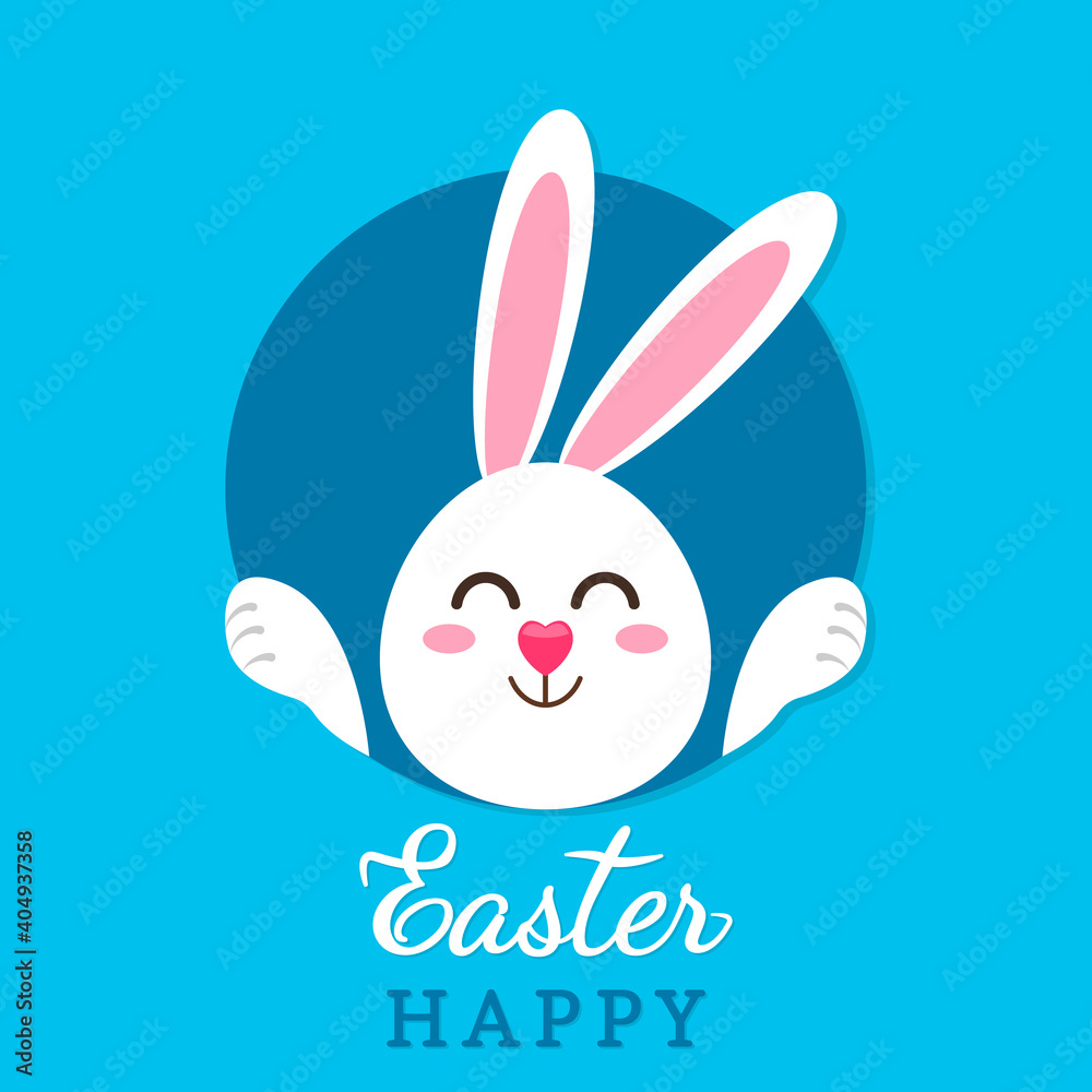 Fototapeta premium Greeting card with white Easter rabbit. Funny bunny in flat style.