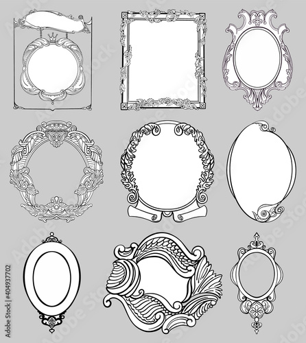 Set of 9 vector classic calligraphic ornamental hand drawn elements in baroque or rococo classic style, simple line borders, frames, vignettes in black and white colors.