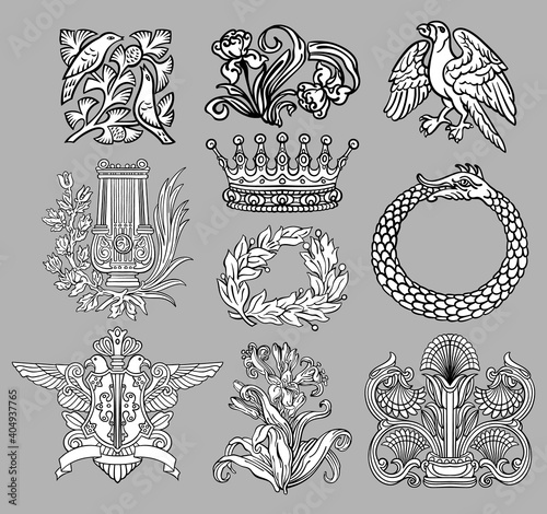 Set of 10 vintage style decorative elements of heraldry: hand drawn vector line elements - birds, iris, lily, crown, ouroboros, laurel wreath, harp. photo