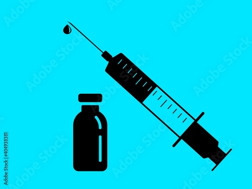 Vaccine bottle and syringe icon vector. Vaccination two step with black glass vial of drug blue immunization. Anti coronavirus therapy with persistent immunity.