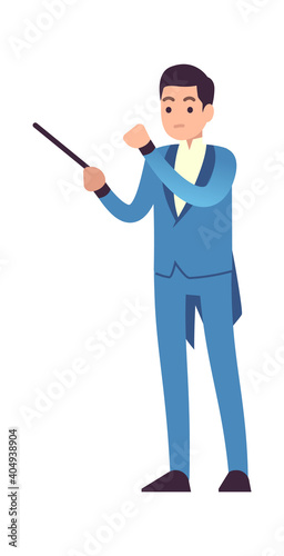 Conductor of symphony orchestra. Classic male musician character in blue dress with conductor stick, musical performance at philharmonic, opera or theater vector isolated illustration