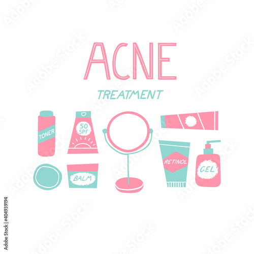 Acne treatment concept. Skincare and cosmetics elements. Toner, retinoids, balm, cleanser and sunscreen. Dermatology and self care. Vector illustration in a doodle hand drawn style