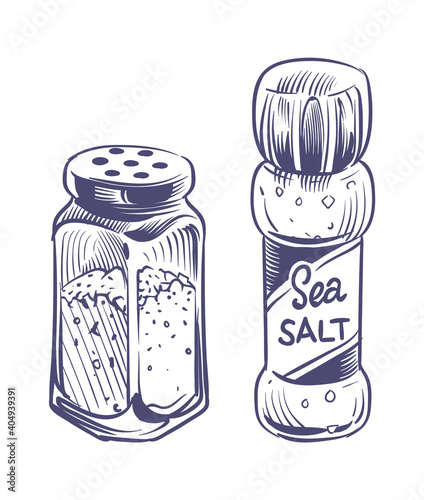 Salt shaker. Glass bottles salting powder and crystals hand drawn sketch illustration, saltshaker with himalayan or sea salt, kitchen utensils vector isolated cooking ingredient