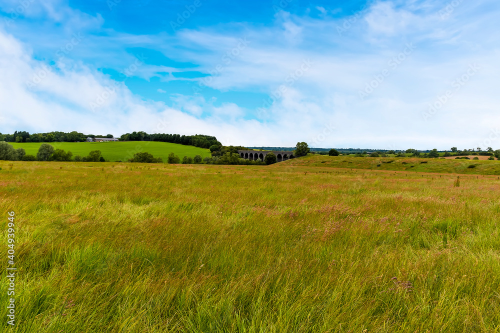 A view across the long grass in the fields near Catesby towards the old abandoned viaduct in the distance