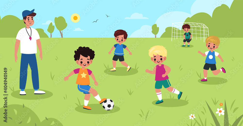 Children soccer. Kids play football in park, boys sport team workout with coach, goalkeeper on gate, young athletes activity. Little friends play together vector cartoon childhood concept