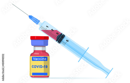 Syringe and vaccine bottle against Covid-19 infection, vector illustration.