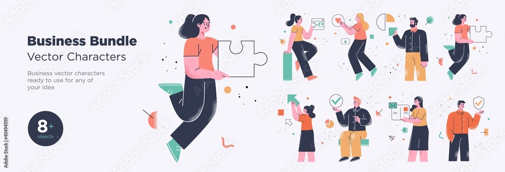 Business Concept illustrations. Collection of scenes with men and women taking part in business activities. Trendy style. - obrazy, fototapety, plakaty 
