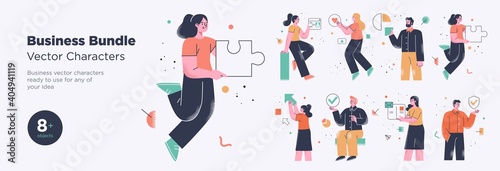 Business Concept illustrations. Collection of scenes with men and women taking part in business activities. Trendy style.