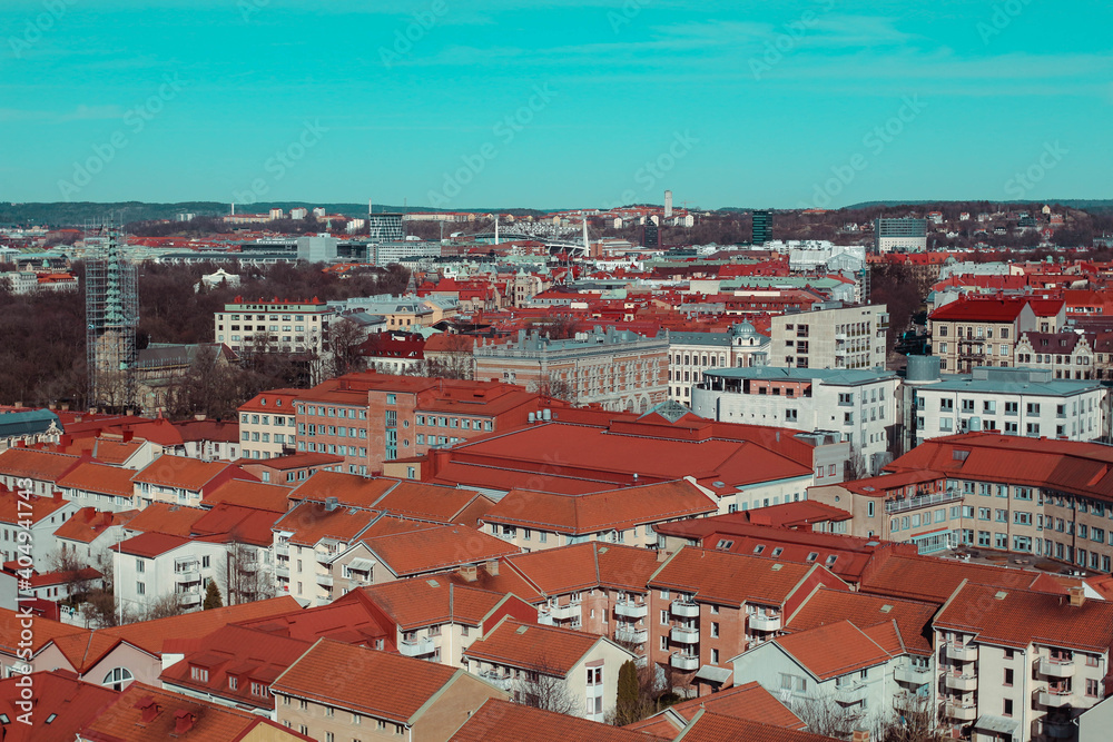 aerial view over orange roofs