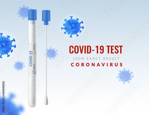 Coronavirus test tube. Realistic cotton swab virus testing, transparent container, laboratory analysis, covid antibody diagnostic poster, 3d covid-19 molecules vector medical concept