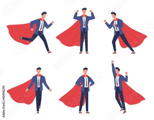 Super businessman poses. Cartoon comic hero brave male character, adult strong man in office suit with red flowing cape, different body positions, vector flat isolated set
