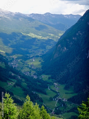 Alpine valley along the Grossglockner High Alpine Road (Großglockner-Hochalpenstraße) is the highest mountain pass road in Austria. The road named after the Grossglockner, Austria's highest mountain.