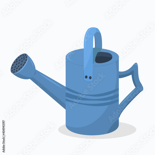 blue metal garden watering can on white background