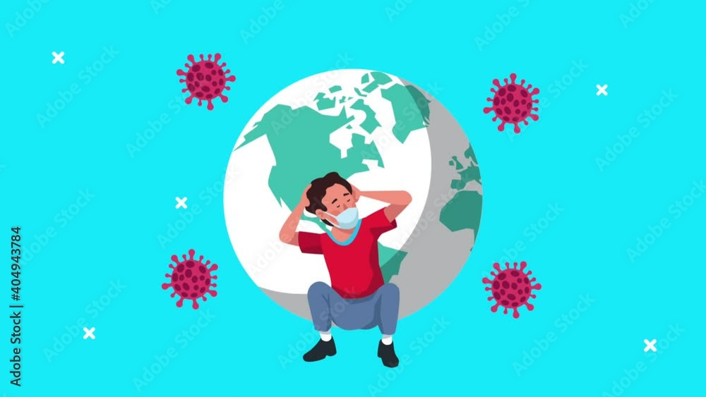 young man wearing medical mask stressed with earth planet animation young man wearing medical mask stressed with earth planet animation