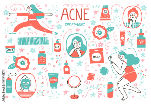 Acne skin concept. Skincare and dermatology elements set. Teen girl doing her routine and rituals as a part of acne treatment such as yoga, mask, sleeping, retinoids. Vector illustration in a flat