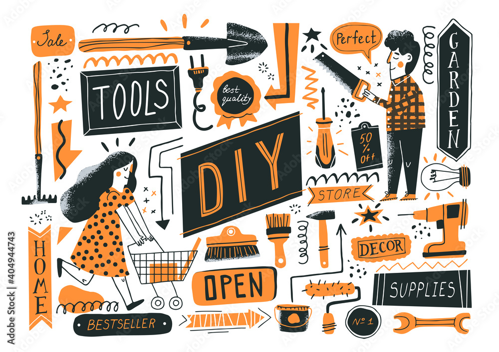 Consumers in DIY store. Vector illustration of instruments for