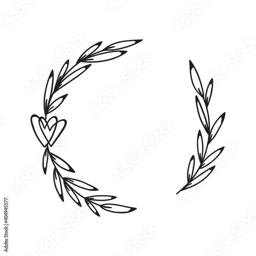 Laurel wreath with heart. Hand drawn floral frame with leaves.