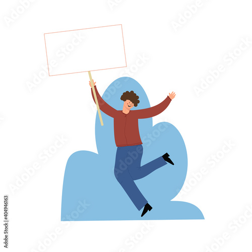 Protester man holding empty banner. Activist protesting, political meeting, strike human rights. Vector illustration isolated.