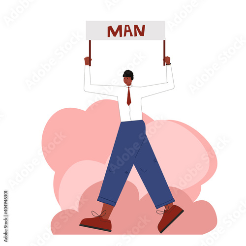 Protester man holding empty banner. Activist protesting, political meeting, strike human rights. Vector illustration isolated.