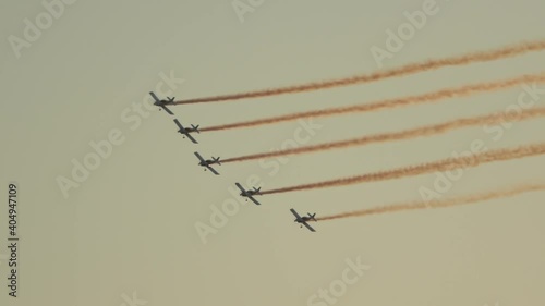 Aerobatic team performing at sunset