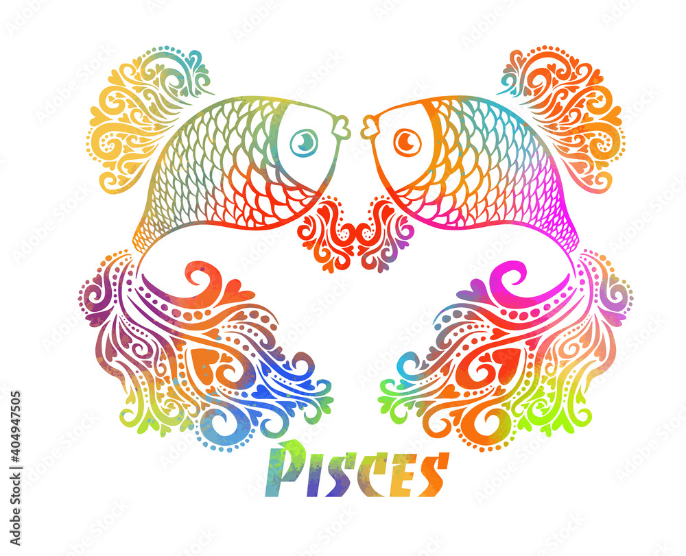 Sign of the zodiac multicolored pisces. T-shirt printing. Mixed media. Vector illustration