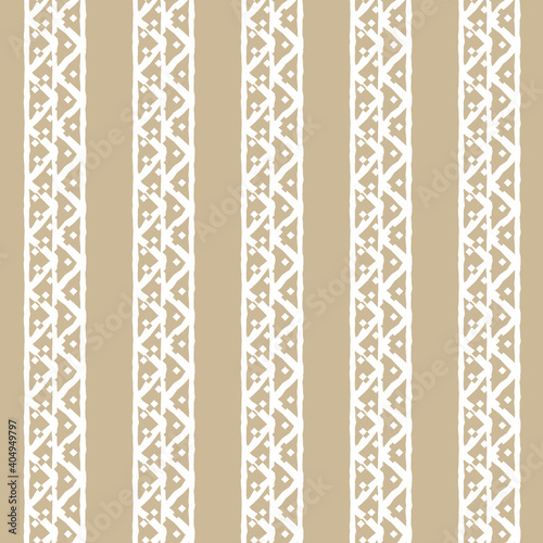Vertical White and beige Seamless repeat pattern with random jagged color-filled and empty squares and triangles shapes