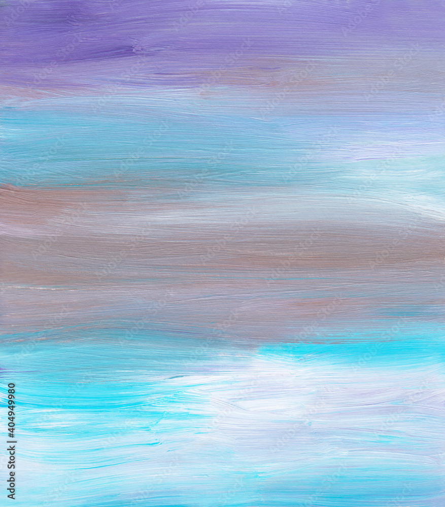 Pastel abstract colorful background. Purple, white, beige, turquoise soft brush strokes on paper. Contemporary art, hand painted.