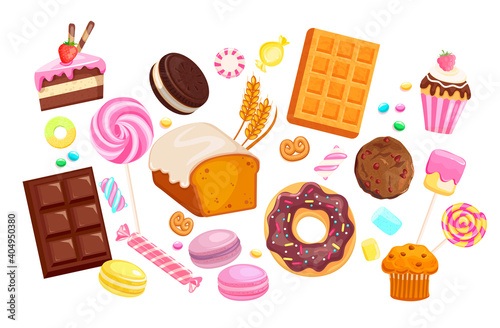 Big set isolated sweets on white background- candy, marmalade, donut, marshmallow, chocolate and macaroon, cake, bakery.Template for confectionery, sweet banner, poster,advertise for candyshop.Vector